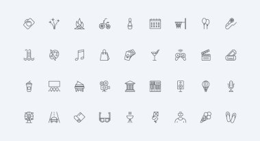 Seyahat ve fotoğrafçılık, sinema, piknik ince siyah ana hatlı semboller vektör illüstrasyonu. Açık hava ve kapalı eğlence etkinliği, oyunlar ve müzik, yaşam tarzı, hafta sonu çizgisi simgesi