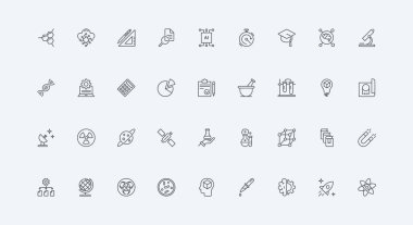 Bilimsel deney, genetik ve eczane ince siyah ana hatlı semboller vektör illüstrasyonu. Bilim, biyoteknoloji ve fizik, kimyasal ve uzay araştırmaları, mühendislik çizgisi simgesi