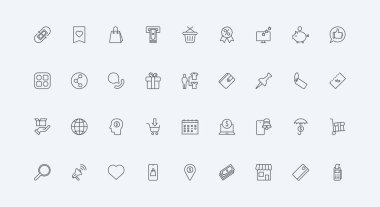 Müşteri seçimi, yıldızlar ve beğeni, sepet ve dağıtım ince siyah ana hatlı semboller vektör illüstrasyonu. Çevrimiçi perakende satışlar, indirimler ve kuponlar, hediyeler, sipariş edilen sigorta çizgisi simgesi