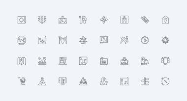 Lokanta ve ev haritasında lokasyon şifresini bulmak için araçlar, benzin istasyonu, hastane ve park alanı ince siyah ana hatlar vektör çizimi. GPS navigasyon, takip çizgisi simgesi seti