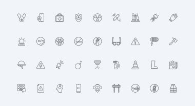 Koruyucu gözlük ve işçi eldiveni, uyarı işareti ince siyah çizgili semboller vektör çizimi. Hayat kurtarmak ve bakımını sağlamak için güvenlik ve güvenlik ekipmanları, kaza çizgisi simgesinin önlenmesi