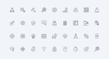 Bilgi sisteminin algoritması, program kodu testi ve ince siyah ana hatlı vektör çizimleri. Yazılım geliştirme, mobil uygulama, dijital veri satırı simgesi seti