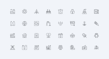 Yenilenebilir kaynak ve ince siyah ana hatlı sembollerin geri dönüşümü vektör illüstrasyonudur. Küresel çevre koruma hattı ikonu için sanayi, yeşil enerji ve geri dönüşüm teknolojisi