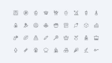 Şeker küpleri, kum yığını ve toz, stevia bitkisi ve uyuşturucular, şeker, çanta ve kese ince siyah ana hatlı semboller vektör çizimi. Şeker, şekerleme yiyeceği ve tatlandırıcılar çizgisi simgesi