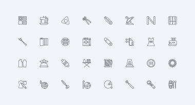 Dikiş için kumaş ve iğne, düğme ve makas, ince siyah çizgili manken çizgili vektör çizimi. Dikiş malzemeleri, terzi aletleri ve dikiş işi, moda endüstrisi çizgisi simgesi seti