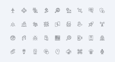 Drone ve robot, 3D yazıcı ve ultrason, navigasyon anteni ince siyah ana hatlı vektör çizimi. Akıllı teknoloji, elektronik cihazlar ve teknolojik cihazlar, siber güvenlik çizgisi simgesi seti