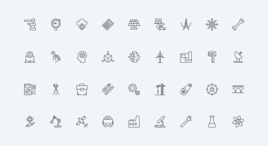 Robot, makine ve fabrika ekipmanları, ince siyah taslak semboller, vektör çizimi. Endüstride mühendislik, inşaat ve altyapı, imalat, vites çizgisi simgesi