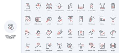 Ev için akıllı cihazlar, mobil uygulama çizgisi simgesi üzerinden kablosuz kontrol cihazları. Bildirim, bulut yönetim teknolojisi, yapay zeka ince siyah ve kırmızı ana hatları temsil eden vektör çizimleri destekliyor