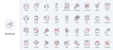 Beslenme, sağlıklı yemek pişirme, diyet ve kalori planlama ikonu seti. Balık ve peynir, vitamin ve zeytin yağı, süt ve yoğurt vücut sağlığı için ince siyah ve kırmızı çizgili semboller vektör çizimi