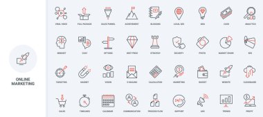 Dijital pazarlama stratejisi, satış hunisi ve sosyal medya çizgisindeki izleyicilerin mıknatısı. SEO ve müşteri segmenti analizleri, ince siyah ve kırmızı ana hatları temsil eden vektör çizimlerini etkiler