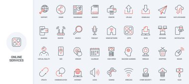 Çevrimiçi bulut hizmetleri, iletişim ve ağ bağlantı hattı simgesi ayarlandı. Verileri, yazılımı ve sunucuyu paylaşmak, değiştirmek ve güncellemek için mobil uygulamalar ince siyah ve kırmızı ana hatlı vektör çizimleri çizimi
