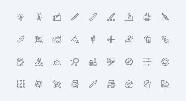 Sanat projesi, fırça ve kalem, yaratıcı fikir rengi ince siyah taslak semboller vektör illüstrasyonu. Grafik tasarımı, dijital araçlar ve kalem satırı simgesine sahip yazar, sanat eseri ve tabletin becerisi