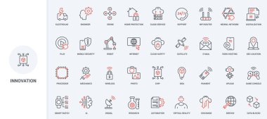 Teknik yenilik ve yapay zeka hizmetleri, dijitalleştirme hattı simgesi seti. Oyunlar için video sunucu, destek, robot ve sanal gerçeklik, otomasyon ince siyah ve kırmızı ana hat çizim sembolleri çizimi