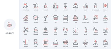 Turizm ve otel yatağı, yaz tatili ve yemek, sahil tatili ve seyahat çizgisi ikonu seti. Uçak ya da gemi, otobüs ya da tren biletleri, müze ince siyah ve kırmızı ana hatlar vektör illüstrasyonları