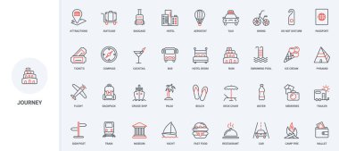 Turizm ve otel yatağı, yaz tatili ve yemek, sahil tatili ve seyahat çizgisi ikonu seti. Uçak ya da gemi, otobüs ya da tren biletleri, müze ince siyah ve kırmızı ana hatlar vektör illüstrasyonları