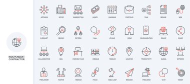 Serbest çalışma, evden uzakta uluslararası şirkette uzaktan çalışma, dış kaynak ikonu seti. Çevrimiçi toplantı ve telekomünikasyon, çalışanlar verimlilik ince siyah ve kırmızı ana hatlar vektör çizimi