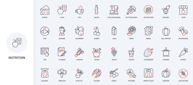 Beslenme, sağlıklı yemek pişirme, diyet ve kalori planlama ikonu seti. Balık ve peynir, vitamin ve zeytin yağı, süt ve yoğurt vücut sağlığı için ince siyah ve kırmızı çizgili semboller vektör çizimi