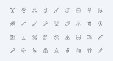 Kişisel solunum maskesi, şapka, eldiven, gözlük ince siyah ana hatlı semboller vektör illüstrasyonu. İnşaat alanı ve sanayi işçilerinin ekipmanları, güvenlik kuralları çizgisi simgesi uyarısı