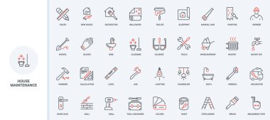 İnşaat, ev tadilatı ve temizlik servisi ikonu seti. Onarım ve onarım işçileri araçları, ekipman ve malzemeler, ev planı ince siyah ve kırmızı ana hatlar vektör çizimi