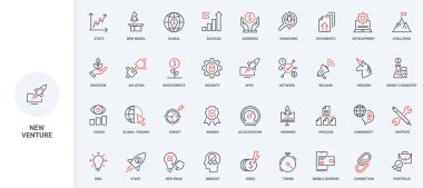 Yeni girişim, karlı projelere yatırım, girişimcilik çizgisi simgesi seti. Başlangıç geliştirme süreci, başarı çözümlerini desteklemek ve hızlandırmak ince siyah ve kırmızı ana hatlı vektör çizelgeleri