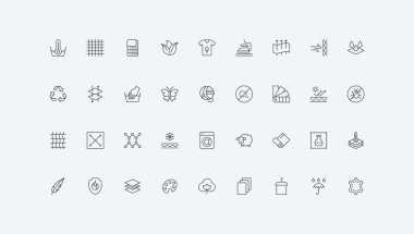 Pamuk ve yün, deri ve ipek, zar tabakaları ince siyah ana hatlı semboller vektör illüstrasyonu. Kumaş özellikleri ve özellikleri, su geçirmez ve rüzgar geçirmez, gerilme çizgisi simgesi seti