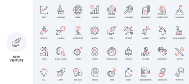 Yeni girişim, karlı projelere yatırım, girişimcilik çizgisi simgesi seti. Başlangıç geliştirme süreci, başarı çözümlerini desteklemek ve hızlandırmak ince siyah ve kırmızı ana hatlı vektör çizelgeleri