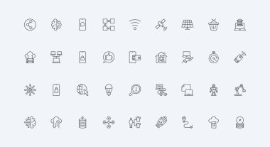 Robot ve dron, bulut hesaplama ve otomasyon, konum belirleme ince siyah ana hatlı semboller vektör illüstrasyonu. Yenilik teknolojisi, AI ve IoT, dijital ağ, makine öğrenme çizgisi simgesi seti