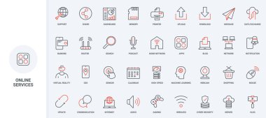 Çevrimiçi bulut hizmetleri, iletişim ve ağ bağlantı hattı simgesi ayarlandı. Verileri, yazılımı ve sunucuyu paylaşmak, değiştirmek ve güncellemek için mobil uygulamalar ince siyah ve kırmızı ana hatlı vektör çizimleri çizimi