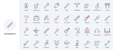 İş için araç gereç, inşaat alanının işçi koruması, onarım ve bakım servisi ikonu seti. Araç kutusu araç gereçleri ince siyah ve kırmızı çizgili vektör çizelgesi çizimi