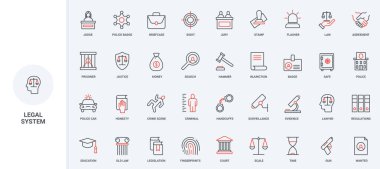 Hukuk, yasal belge damgası ve yönetmelik, mahkemede kanıt, yargıç ve jüri çizgisi ikonu. Polis kelepçeleri ve suç için hapis, anlaşma ince siyah ve kırmızı çizgili semboller vektör illüstrasyonu