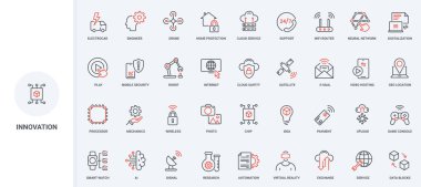 Teknik yenilik ve yapay zeka hizmetleri, dijitalleştirme hattı simgesi seti. Oyunlar için video sunucu, destek, robot ve sanal gerçeklik, otomasyon ince siyah ve kırmızı ana hat çizim sembolleri çizimi