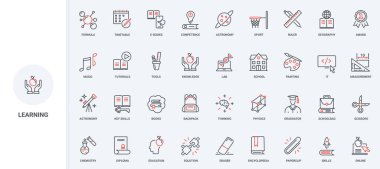 Eğitim, online öğrenme ve düşünme becerileri için bilgi, akıllı akıllı çözümler çizgi simgesi seti. Okul dersleri ve diploma, ince siyah ve kırmızı çizgili kitaplar vektör illüstrasyonları.