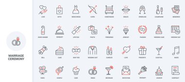 Kilisede düğün töreni ve şölen kutlaması, evlilik sözleşmesi ikonu seti. Gelinler takım elbise ve damatlar, yüzükler ve pasta, hediyeler ince siyah ve kırmızı çizgili semboller vektör illüstrasyonları