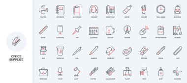 Ofis malzemeleri, kırtasiye malzemeleri, çalışanlar için ekipman, evrak işi ikonu seti. Yöneticiler masa başı, takvim, evrak çantası, çay molası ince siyah ve kırmızı çizgili semboller vektör ilüstrasyonu