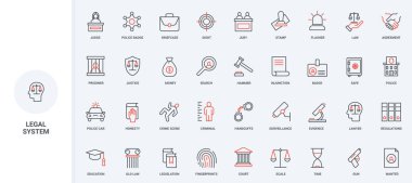 Hukuk, yasal belge damgası ve yönetmelik, mahkemede kanıt, yargıç ve jüri çizgisi ikonu. Polis kelepçeleri ve suç için hapis, anlaşma ince siyah ve kırmızı çizgili semboller vektör illüstrasyonu