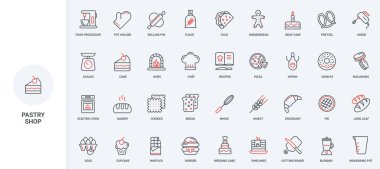 Pasta dükkanının tatlı ürünleri, aşçı aletleri ve ekipmanları, fırıncı çizgisi ikonu seti. Ekmek ve pasta, donut ve krep, fırın fırın ve ince siyah ve kırmızı ana hatlı tarifler vektör çizimleri