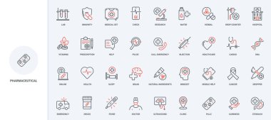 Tıbbi ve ilaç hizmetleri, klinik teşhisi ve reçeteli ilaç çizgisi ikonu setiyle hastanede terapi. Eczane, ilk yardım, vitaminler, ince siyah ve kırmızı ana hatlar, vektör illüstrasyonu.