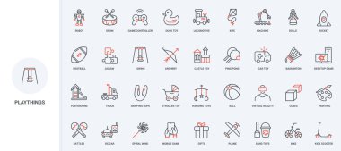 Çocuklar için oyun alanı oyuncakları ve oyunlar, geliştirme çizgisi simgesi seti için iç ve dış aktiviteler. Oyuncak bebek, ördek ve istifleme blokları ince siyah ve kırmızı ana hatları temsil ediyor.