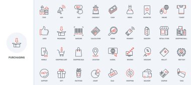 Perakende mağazasından ya da alışveriş merkezinden alışveriş, çıkış ve ödeme, satış çizgisi simgesi seti. Giysiler ve oyuncaklar, hediyeler ve fast food, bakkal, ince siyah ve kırmızı çizgili semboller vektör illüstrasyonları