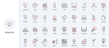 Modern yaşam tarzında eğlence ve eğlence, tatil ve etkinlik ikonu seti planlama. Eğlence ve seyahat, müzik ve sinema, spor ince siyah ve kırmızı ana hatlı semboller vektör illüstrasyonu
