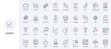 Finans ve gelir, kazanç için iş stratejisi, banka mevduat hattı ikonu seti. Fintech analizi, nakit ödeme ve ince siyah ve kırmızı ana hatlar vektör ilülasyonu transferi