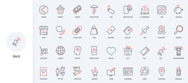Çevrimiçi perakende satış, indirimler ve hediye satışı ikonu seti. Denemek ve satın almak için promosyon, piyasa, ödeme koruması ince siyah ve kırmızı ana hatlı semboller vektör ilüstrasyonu