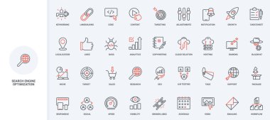 SEO, çevrimiçi iş geliştirme için arama motoru optimizasyonu, anahtar sözcük satırı simgesi seti. Analitik ve içerik araştırmaları, hedef ve niş ince siyah ve kırmızı çizgili semboller vektör çizimi