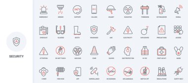 Güvenli çalışma koşullarının düzenlenmesi, dikkat çizgisi ikonu için yasak ve uyarı işaretleri. İlk yardım kiti, sigorta listesi ve 911 çağrısı ince siyah ve kırmızı çizgili semboller vektör çizimi