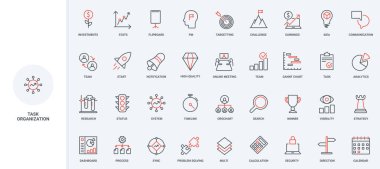 İş organizasyonu, araştırma süreci ve problem çözme çizgisi simgesi seti. Org şeması, takım ve şirket için meydan okuma, ince siyah ve kırmızı ana hatları senkronizasyon vektör ilülasyonu