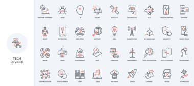 Akıllı ev, sağlık kontrolü ve teşhisi için dijital cihazlar, veri yönetimi ve GPS çizgisi simgesi seti. Gadget işlemci ve sensör, yapay zeka geliştirme ince siyah ve kırmızı çizgili sembol çizimi