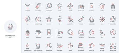Yeni teknolojik hizmetlerin geliştirilmesi ve otomasyonu, modern yaşam tarzı çizgisi simgesi seti sistemleri. Dijital ödeme, kripto para birimi, akıllı ev ince siyah ve kırmızı ana hatlı semboller vektör çizimi