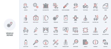 Araba tamiri ve bakım servisi, atölye garajı ve mekanik aletler, otomotiv parçaları çizgisi ikonu seti. Motor dişlileri ve tekerlek, yakıt, anahtar ince siyah ve kırmızı çizgili çizgili semboller vektör çizimi