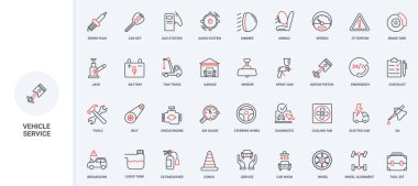 Araba tamir ve bakım servisi, garajda teşhis ve 24 saat benzin istasyonu ikonu seti. Frenlerdeki arızalara dikkat edin, motorun ince siyah ve kırmızı ana hatlarını kontrol edin.