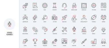 Bilgisayar için video ve çevrimiçi oyunlar, telefon hattı simgesinde mobil uygulama. Eğitim sınavı ve bulmacaları, oyun kuralları ve stratejisi, oyunlar ince siyah ve kırmızı ana hatlı semboller vektör çizimi türleri